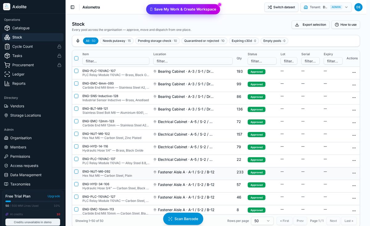 AxioLite stock screen listing pools by bin location, quantity and quality status
